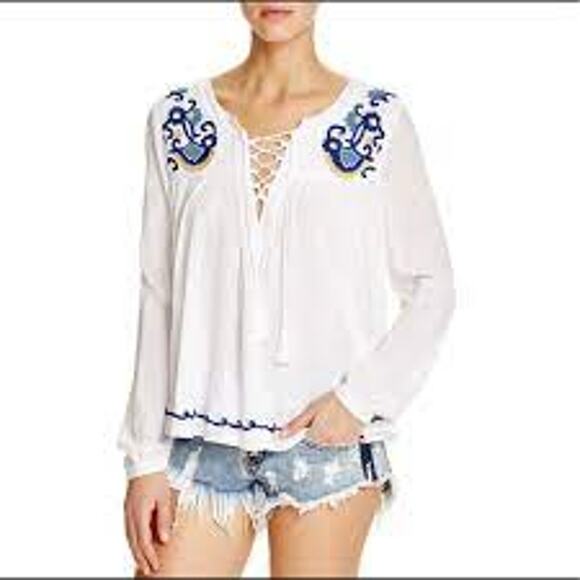 Lovers + Friends Embroidered Peasant Blouse White Lace Up Relaxed XS - Picture 1 of 13